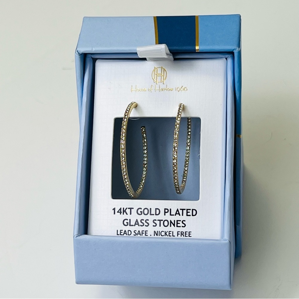 HOUSE OF HARLOW 14K GOLD PLATED HOOPS CRYSTALS NWT - Picture 3 of 8